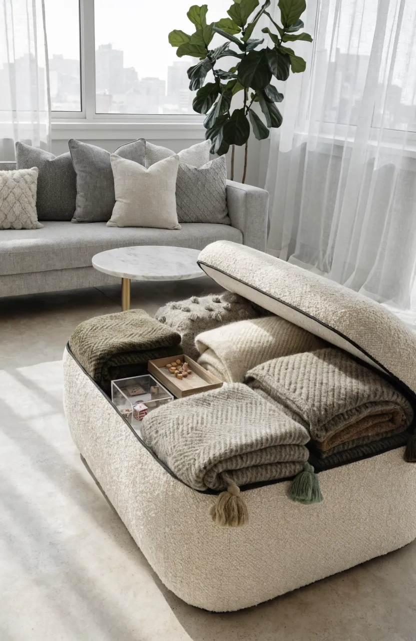 A beige fabric storage ottoman with an open lid showing blankets inside a modern small living room.