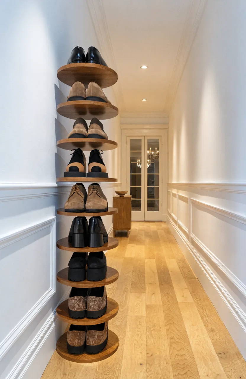 A tall, slim vertical wooden shoe rack holding shoes in a narrow white apartment hallway.