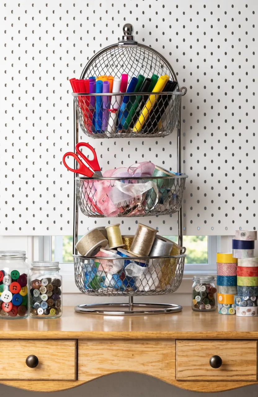 A chrome shower caddy hanging on a white wall filled with colorful pens and craft supplies.