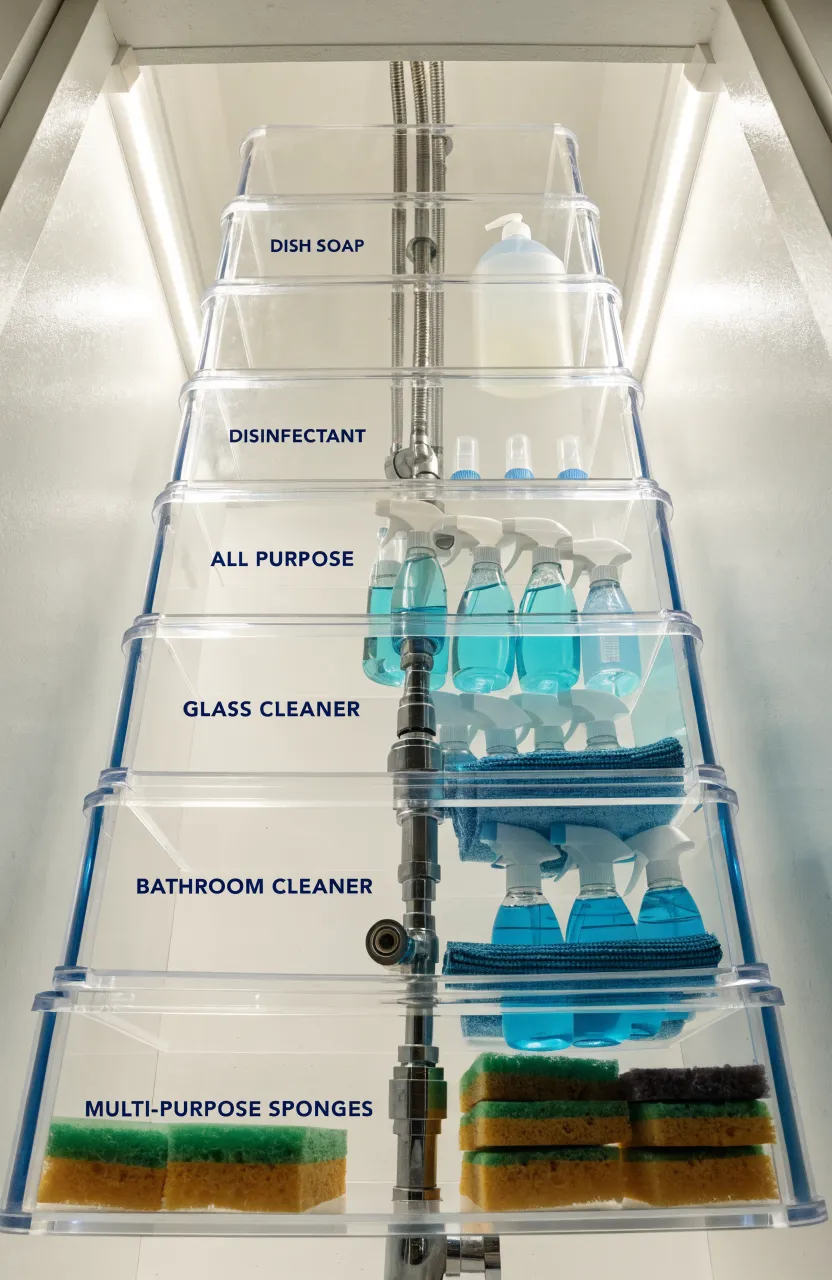 Clear plastic stackable drawers organizing cleaning supplies under a kitchen sink with chrome pipes.