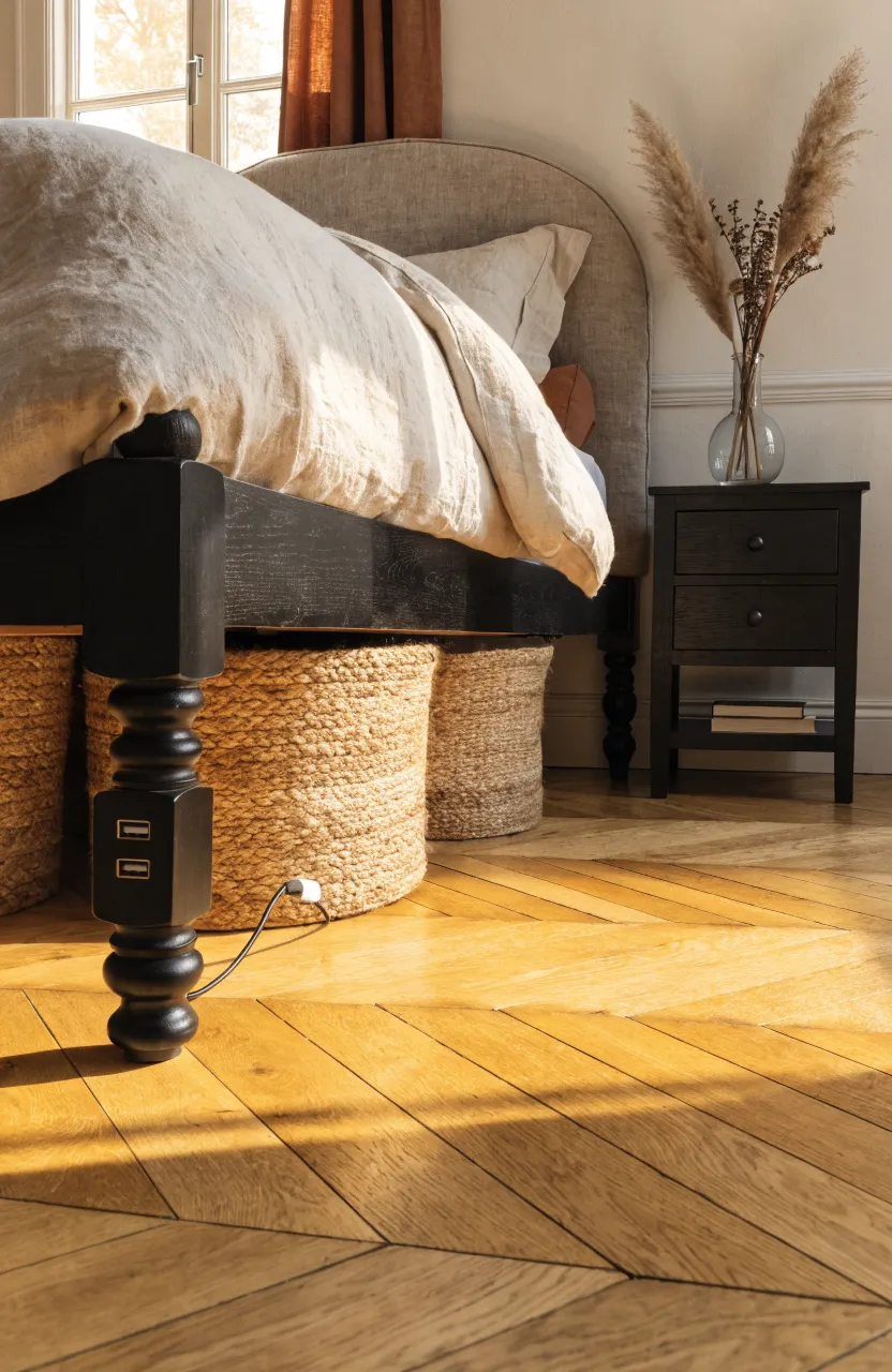 Black bed risers with USB ports lifting a bed to create storage space in a sunny bedroom.