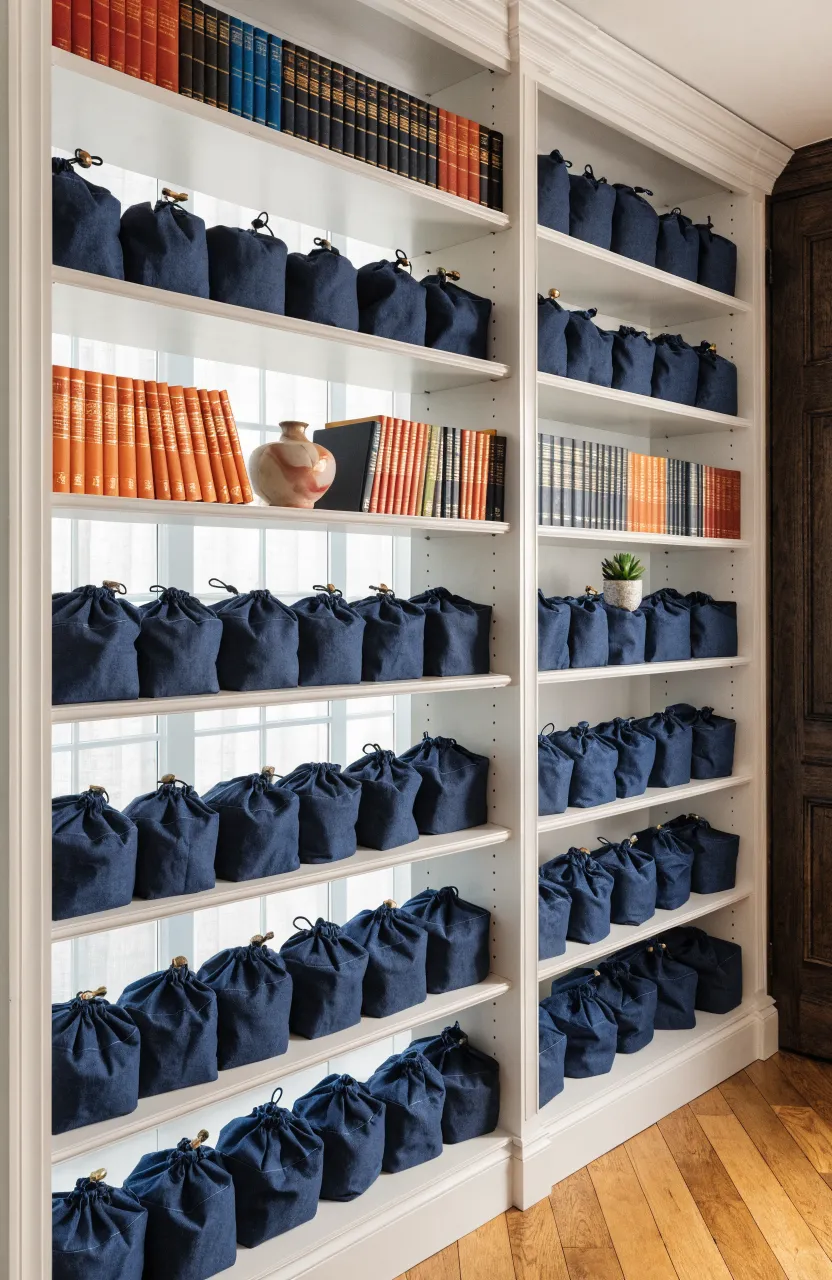 Navy blue fabric storage cubes fitted into a white open bookshelf alongside books.