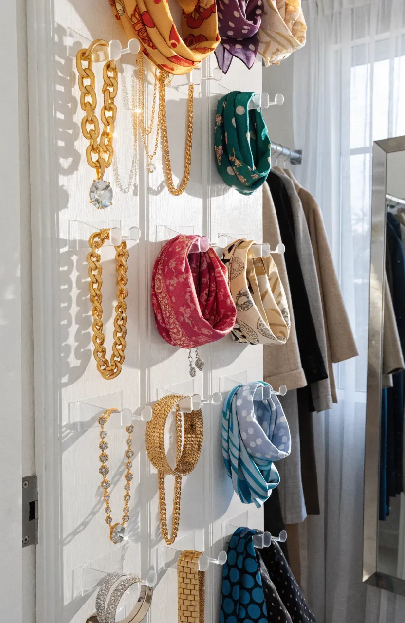 Gold necklaces and scarves hanging neatly on adhesive hooks on the inside of a white door.