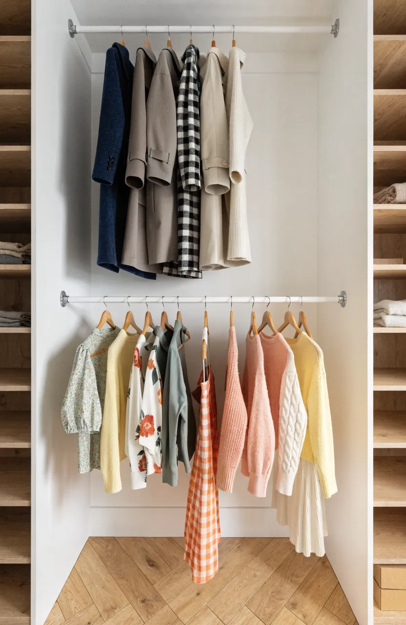 A well-organized closet with a tension rod creating a second row for hanging clothes.
