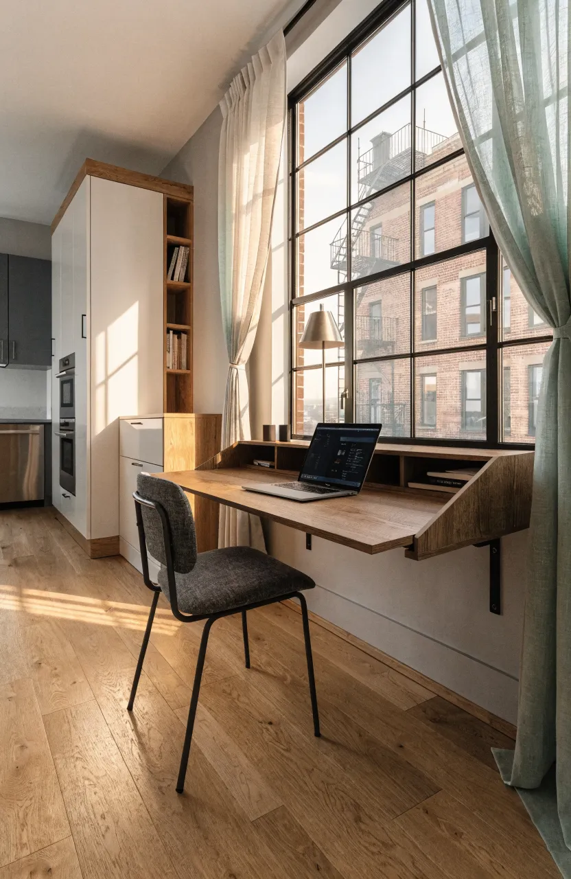 A wall-mounted wooden drop-leaf desk unfolded for work in a bright, modern studio apartment.