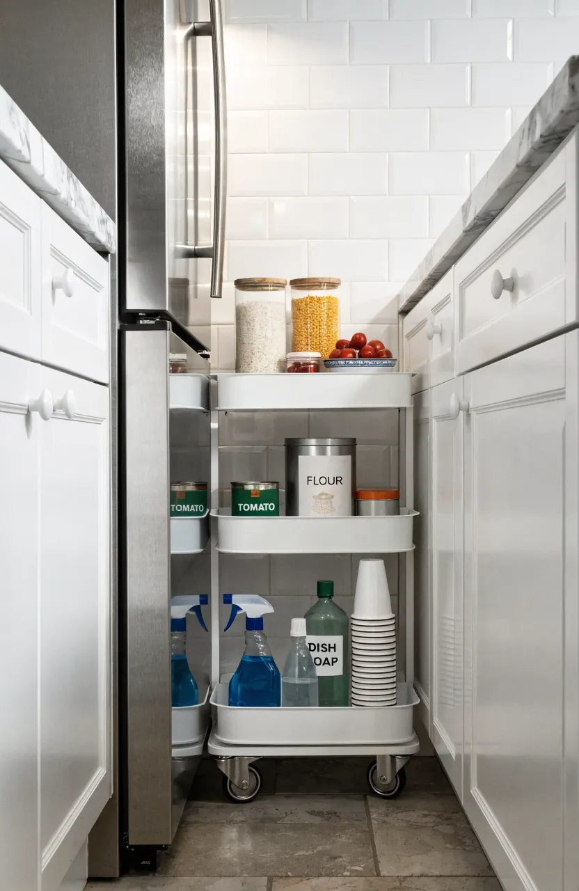 A narrow white rolling cart filled with supplies sliding into the gap next to a refrigerator.