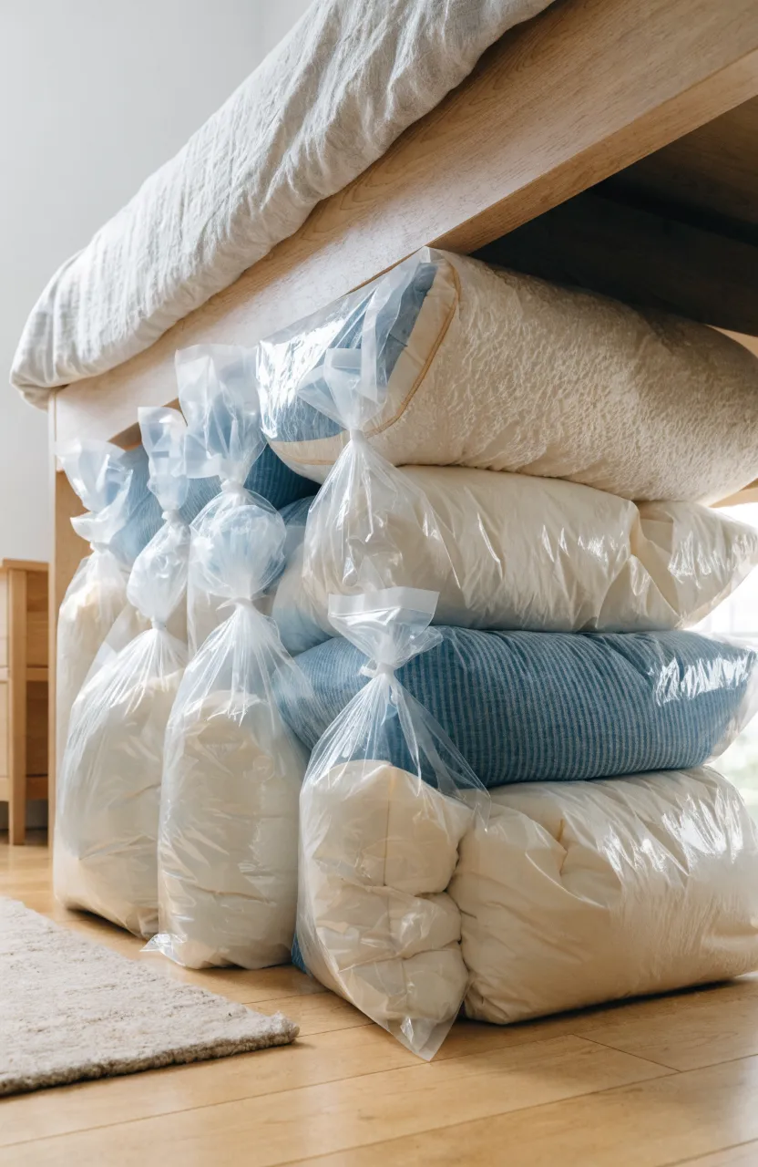 Compressed vacuum-sealed bags filled with blankets stored neatly under a wooden bed frame.