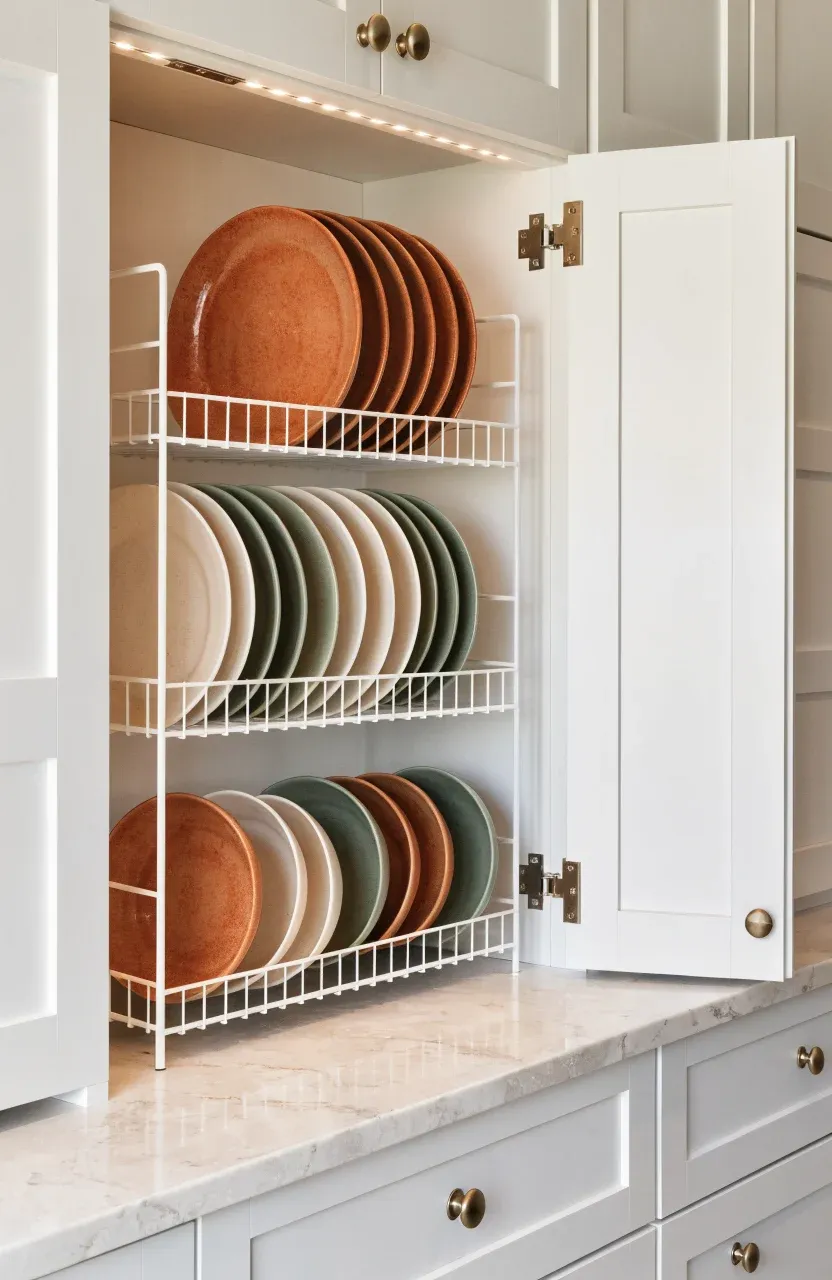 A tiered wire rack inside a kitchen cabinet holding neatly stacked plates and bowls.