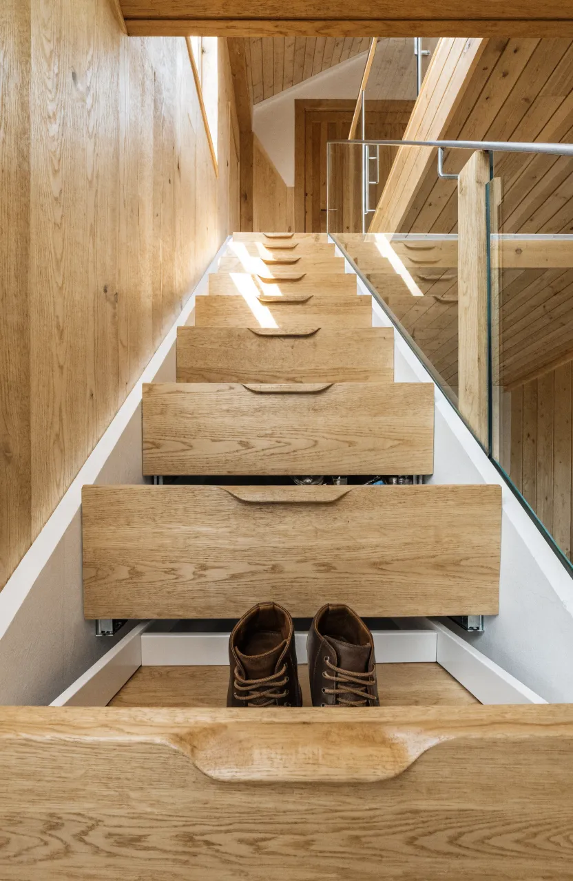 Wooden staircase steps that pull out as drawers, revealing hidden storage space for shoes.