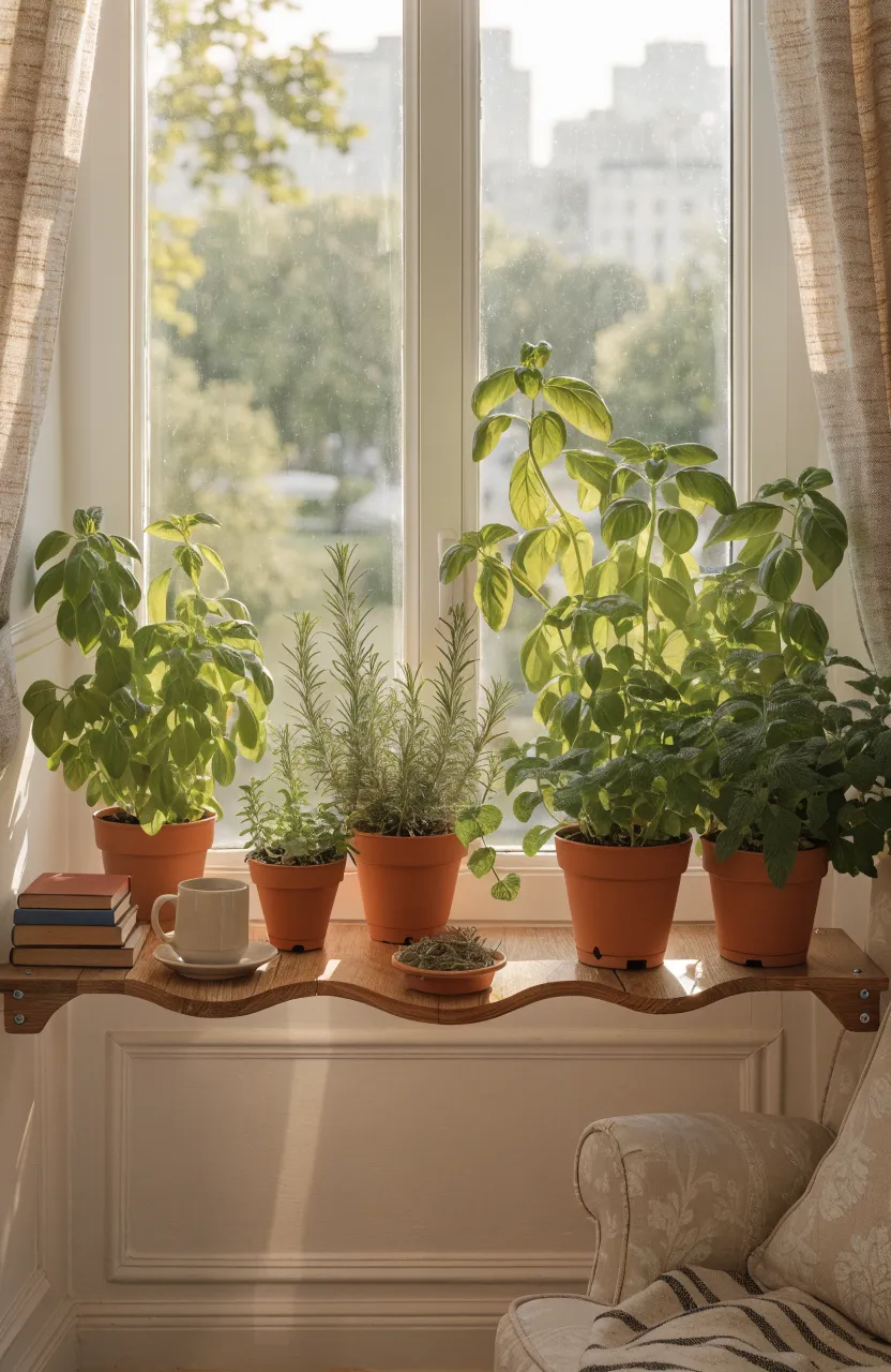 A wooden window sill extender holding potted herbs and books in a sunlit room.