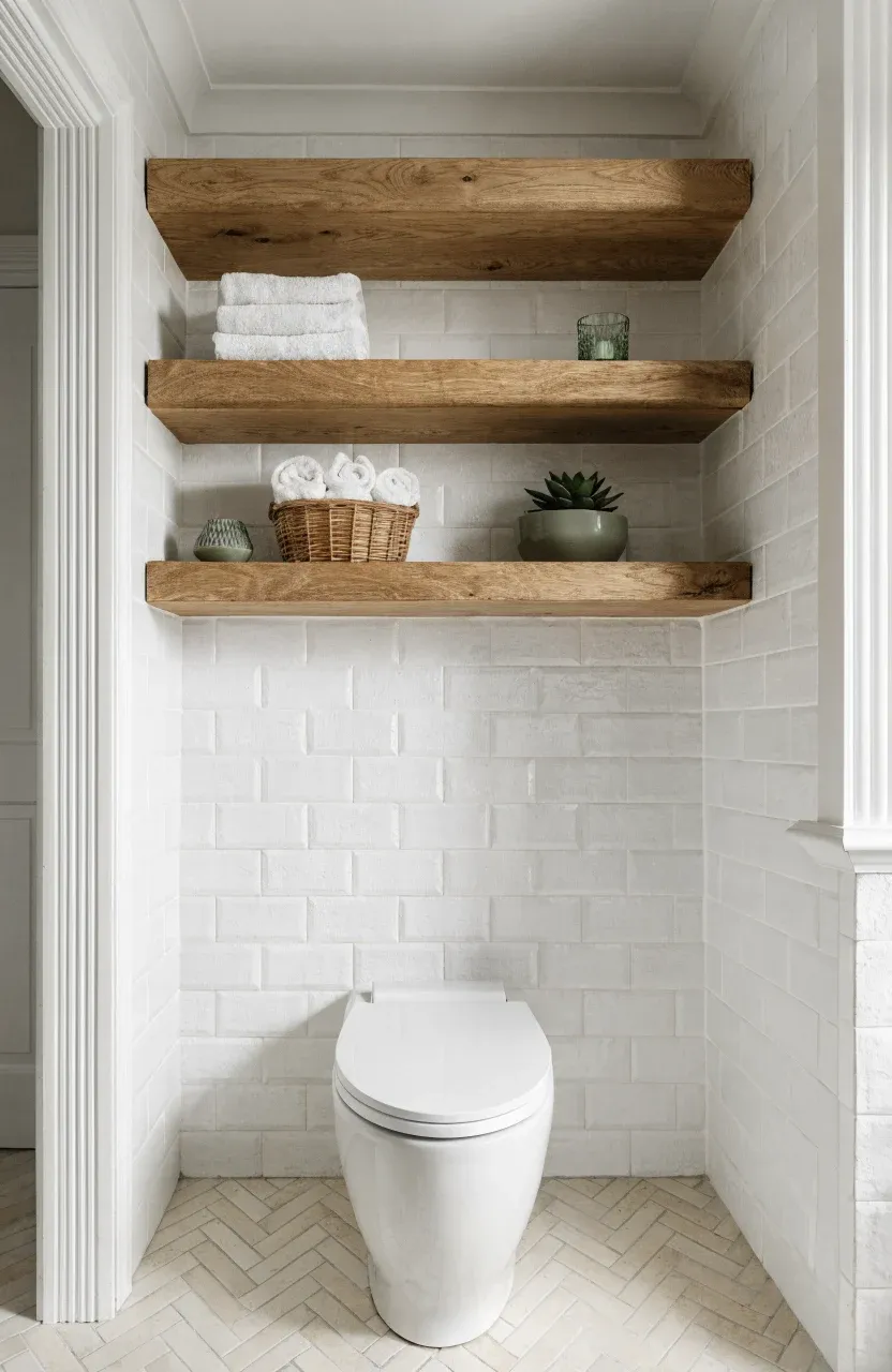 Three oak floating shelves with towels and decor mounted above a toilet in a white tiled bathroom.