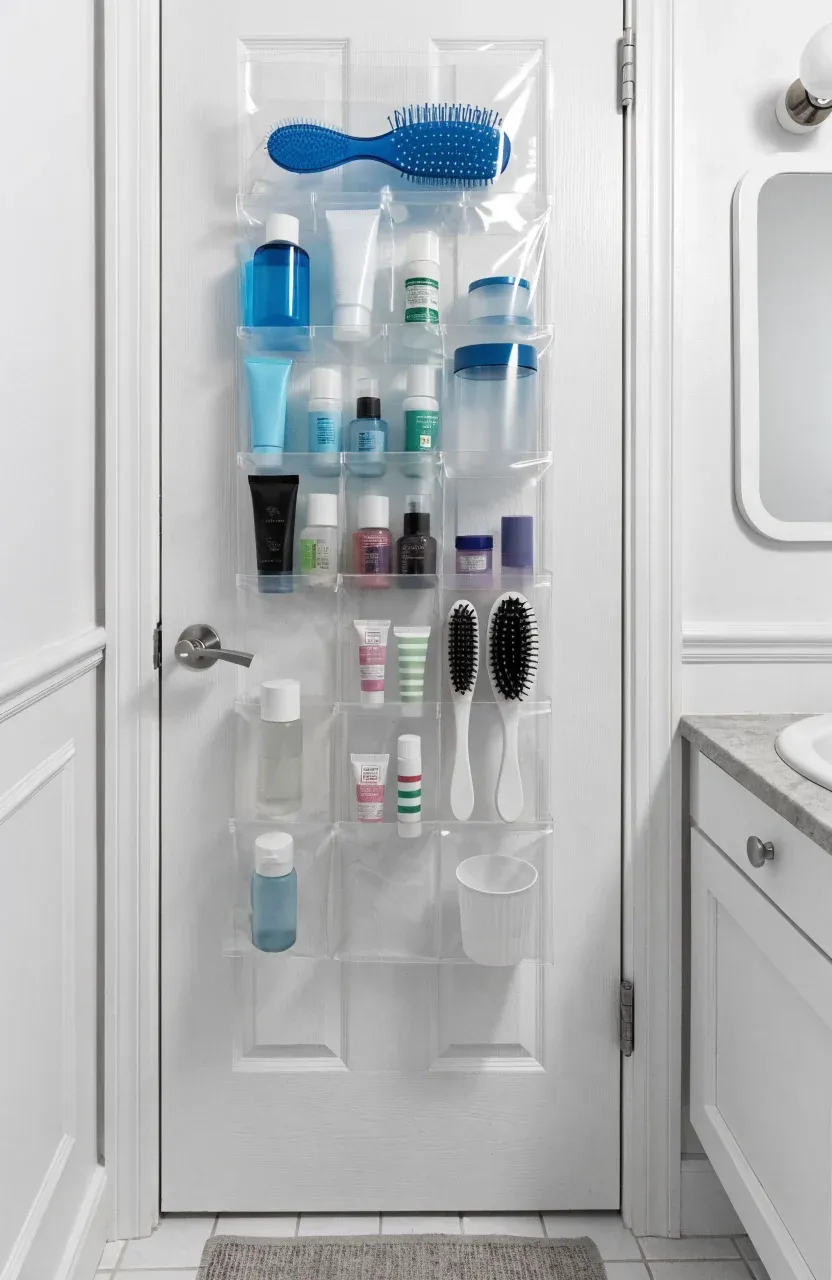 A clear pocket organizer hanging on a white bathroom door filled with hairbrushes and lotions.