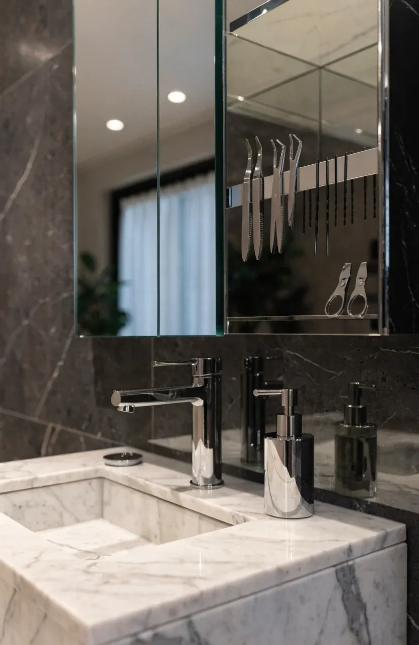 A magnetic strip on a bathroom wall holding metal tweezers, bobby pins, and nail clippers.