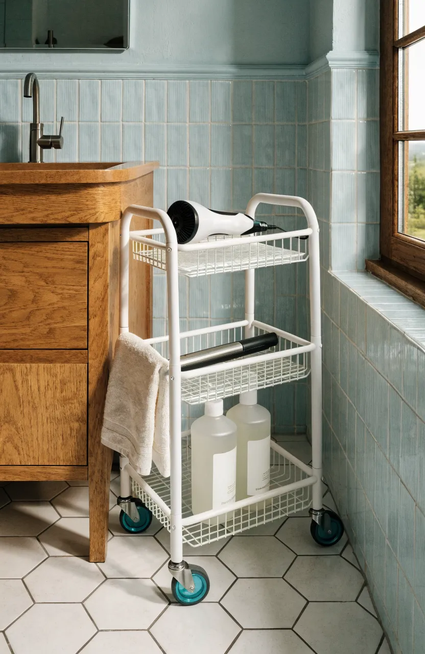 A white three-tiered rolling cart holding a hair dryer and bottles in a narrow bathroom space.
