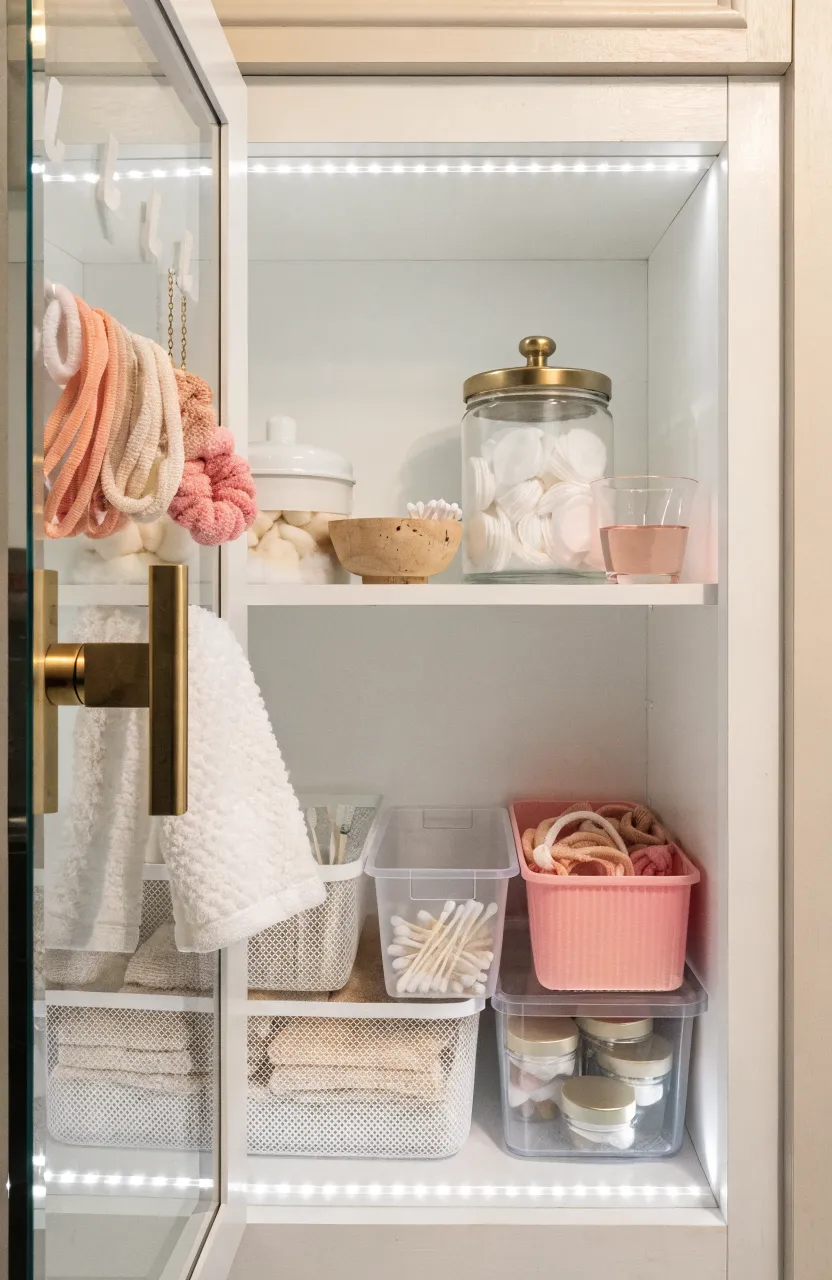White adhesive hooks on the inside of a cabinet door holding hair ties and a washcloth.