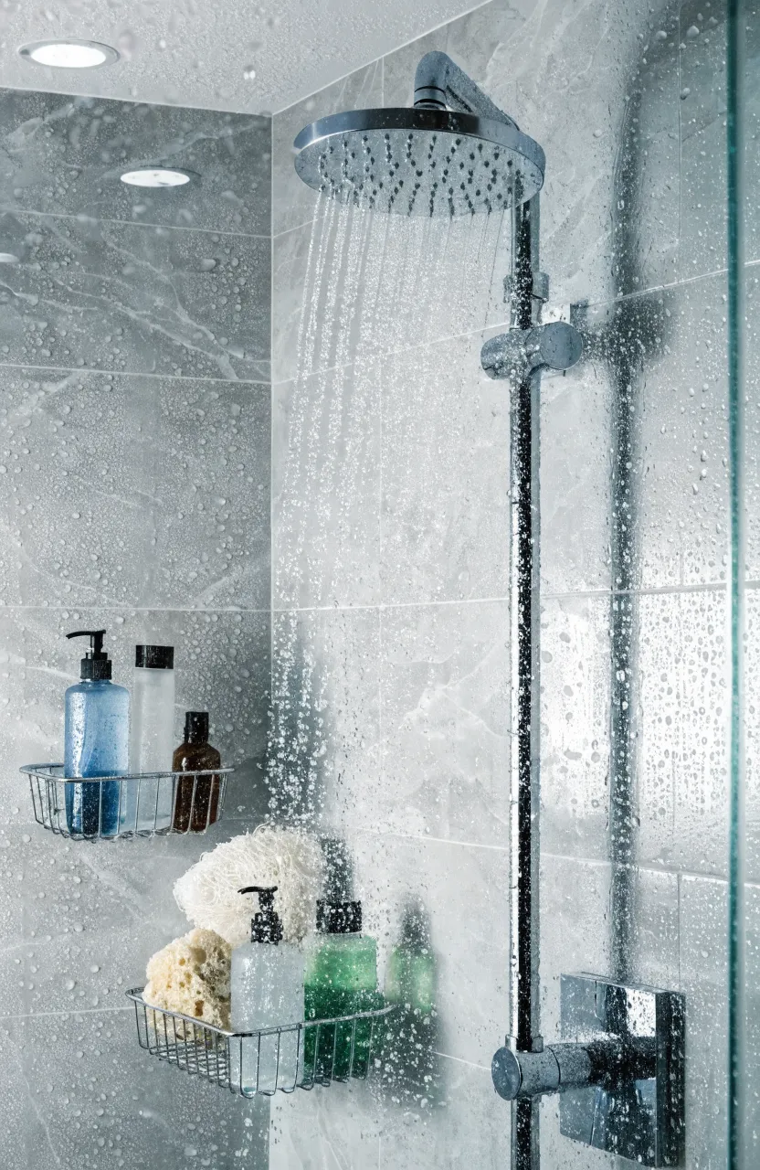 Chrome wire suction baskets attached to a grey tiled shower wall holding soap and sponges.