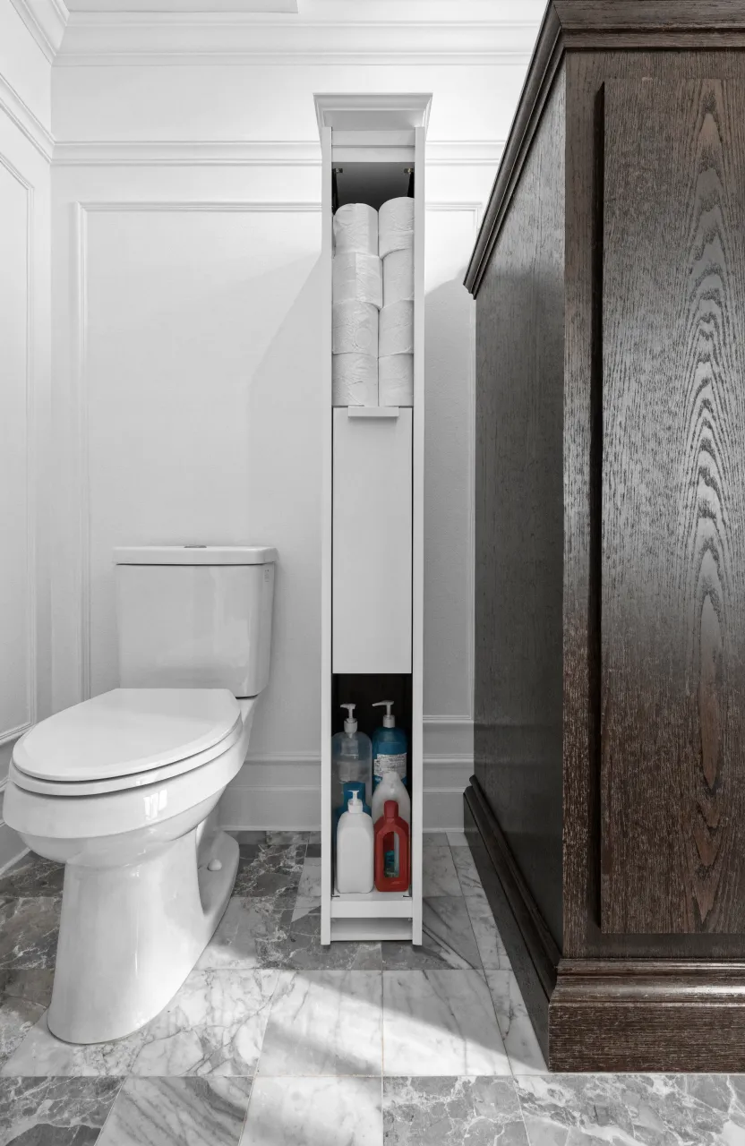 A slim white slide-out cabinet tucked between a toilet and vanity holding toilet paper.