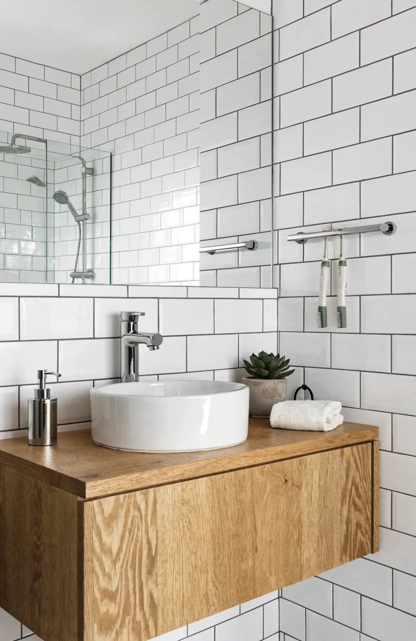 A modern bathroom with a magnetic toothbrush holder mounted on white subway tiles above a clean vanity.