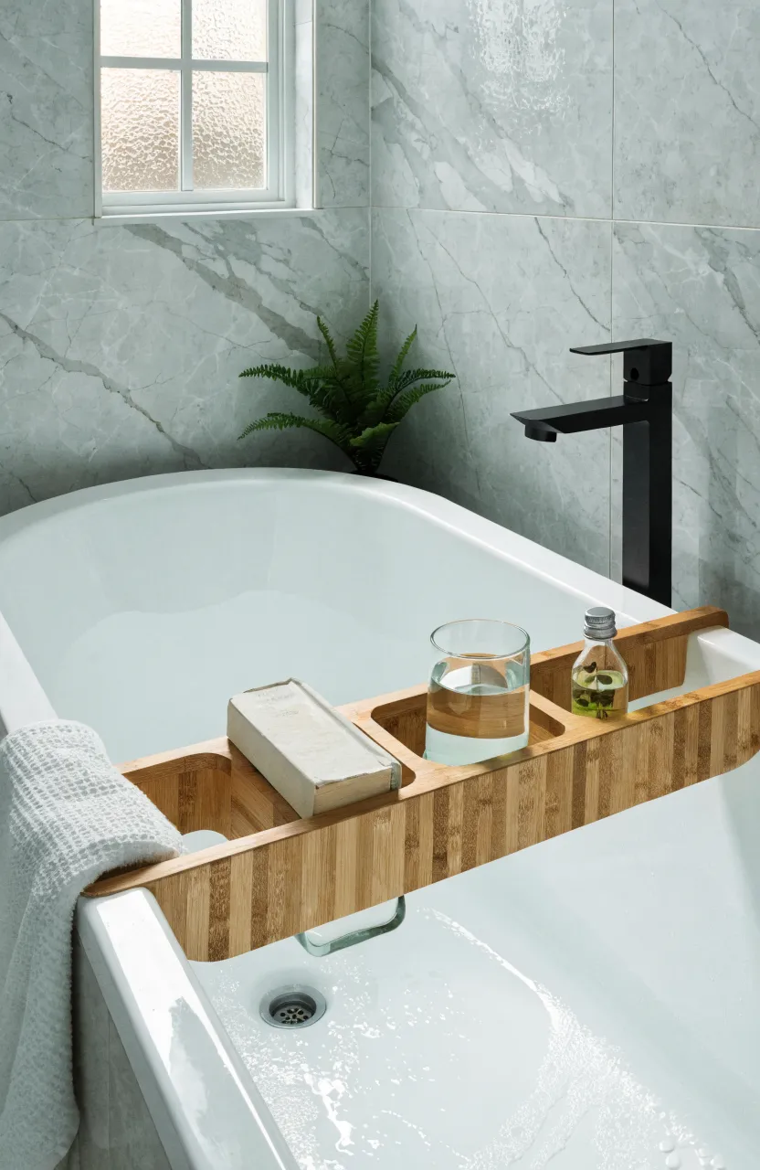 A bamboo wood caddy holding toiletries across a white bathtub in a bright, modern bathroom.