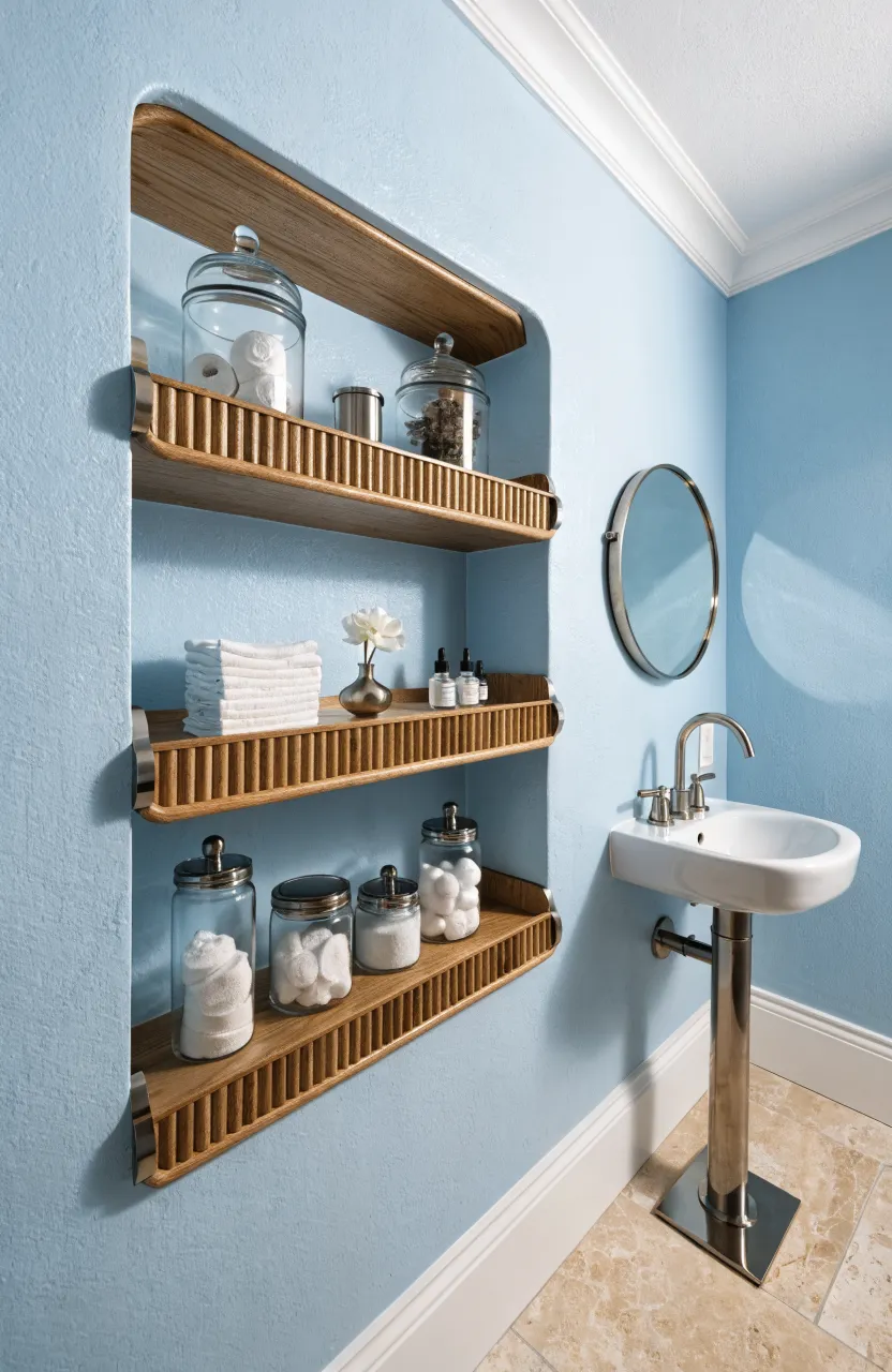 Built-in recessed wooden shelves flush with a blue bathroom wall holding neatly organized toiletries.