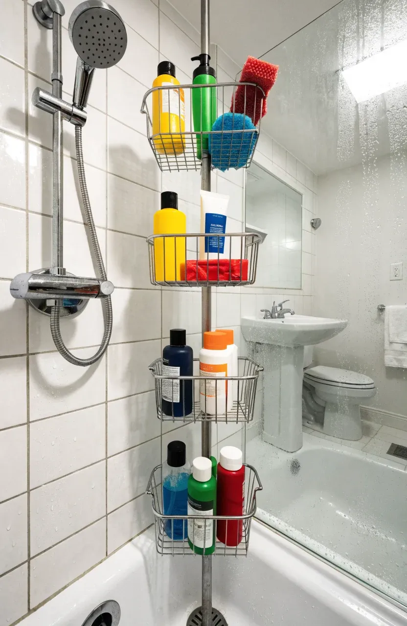 A stainless steel tension pole caddy with four tiers of shelves standing in the corner of a tiled shower.