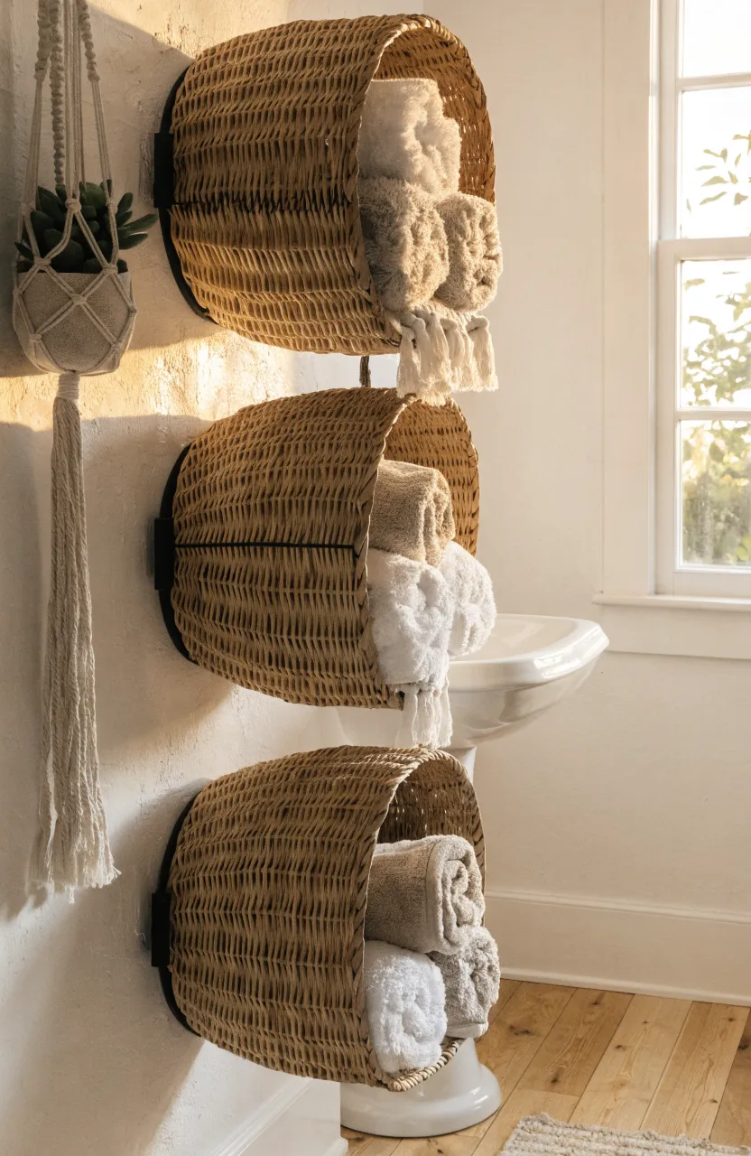 Three woven wicker baskets mounted sideways on a bathroom wall holding neatly rolled white towels.