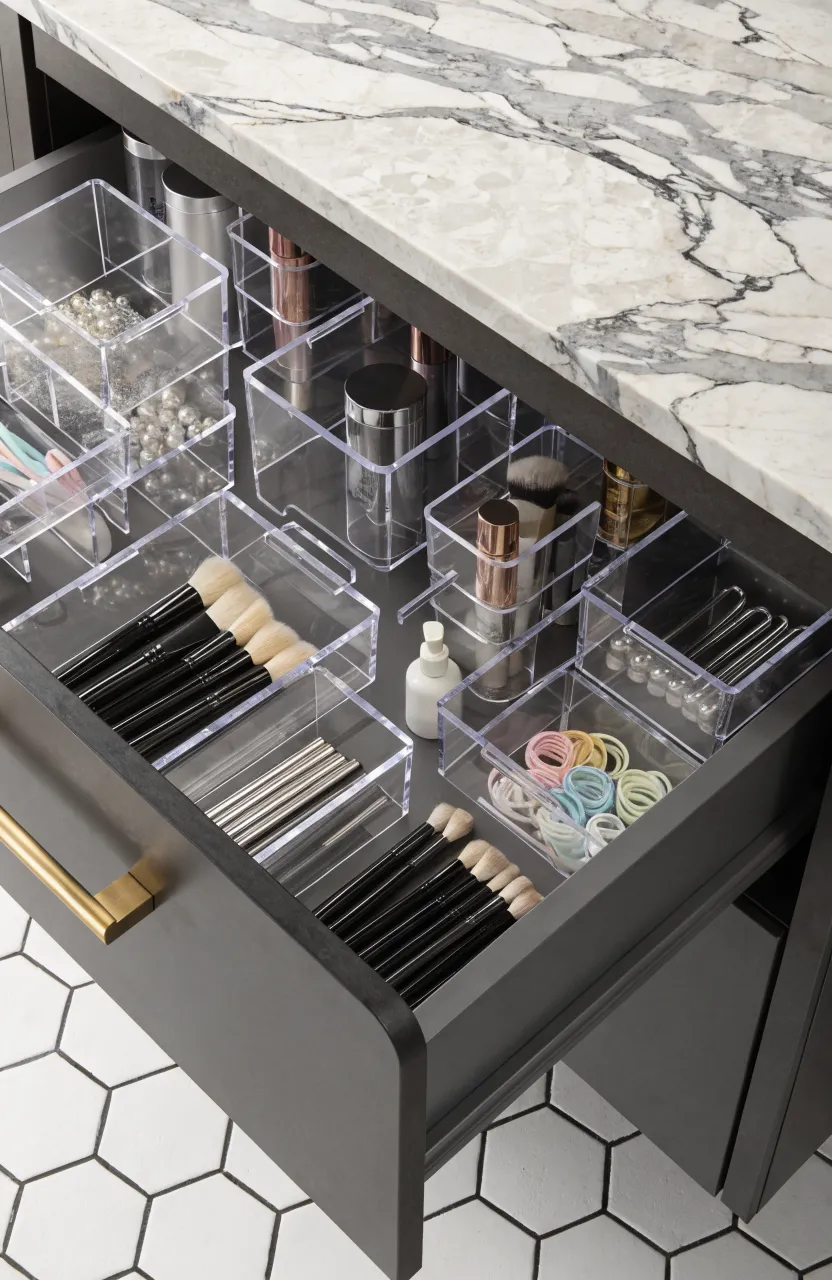 An open bathroom drawer filled with clear, stackable plastic bins organizing various toiletries.