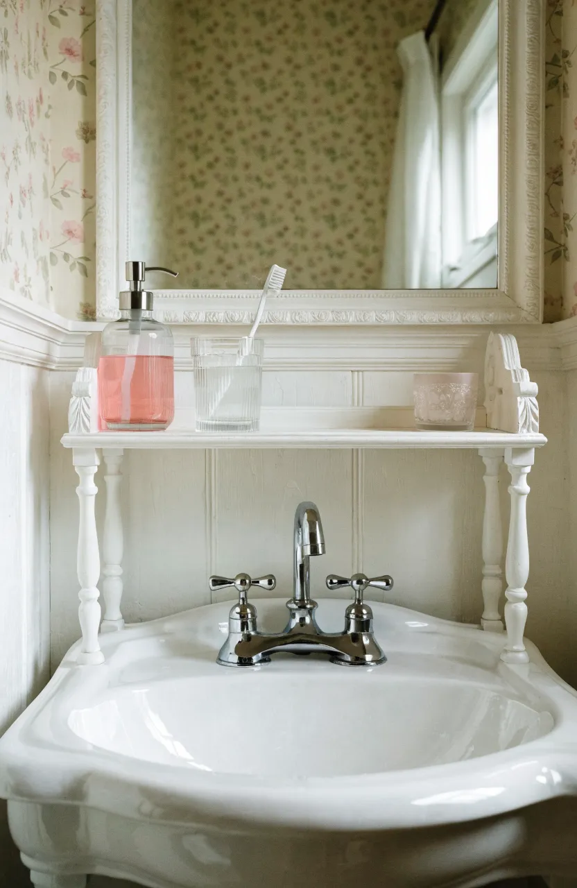 A white over-the-sink shelf holding a soap dispenser and toothbrush above a clean porcelain sink.
