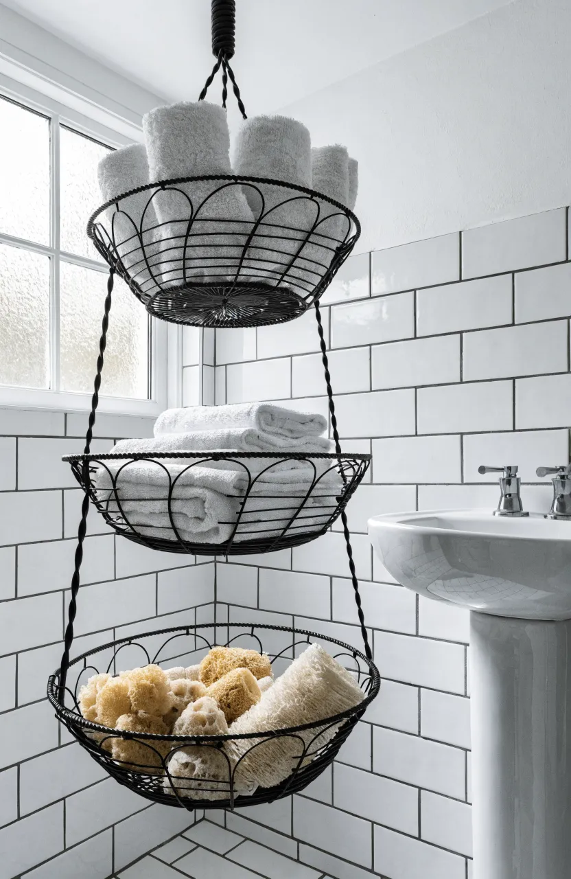 A black three-tiered wire basket hanging from a bathroom ceiling filled with neatly folded white towels.