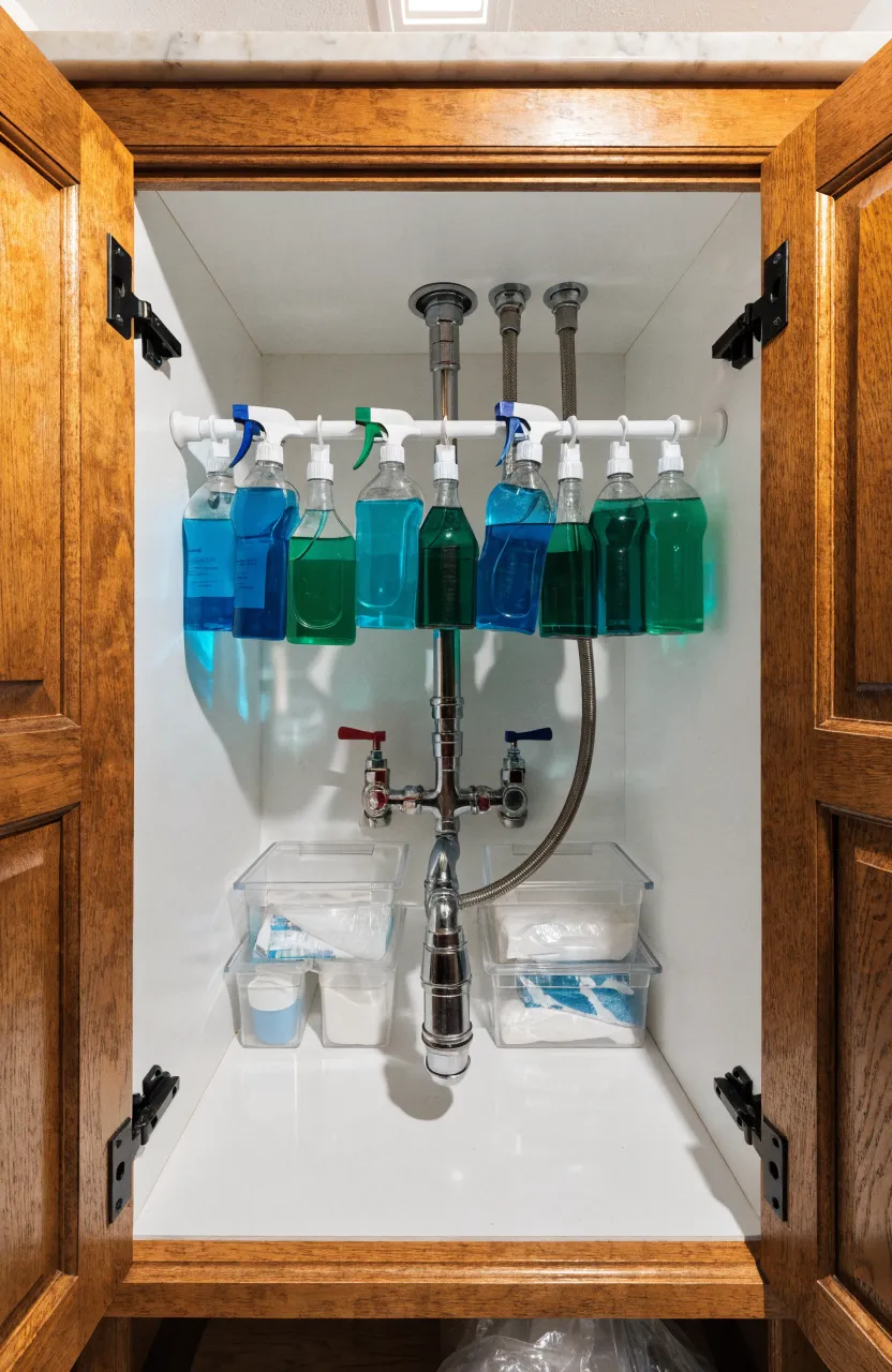 An open bathroom vanity showing a tension rod holding spray bottles above organized storage bins.