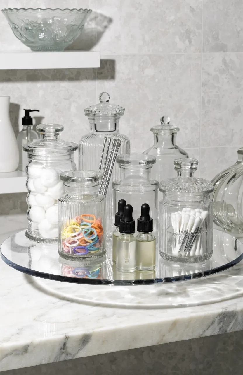 A clear rotating turntable on a shelf holding glass jars filled with cotton swabs and bath items.