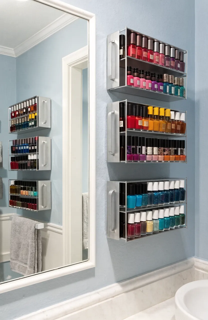 Silver metal racks mounted on a blue wall holding rows of colorful nail polish and skincare bottles.