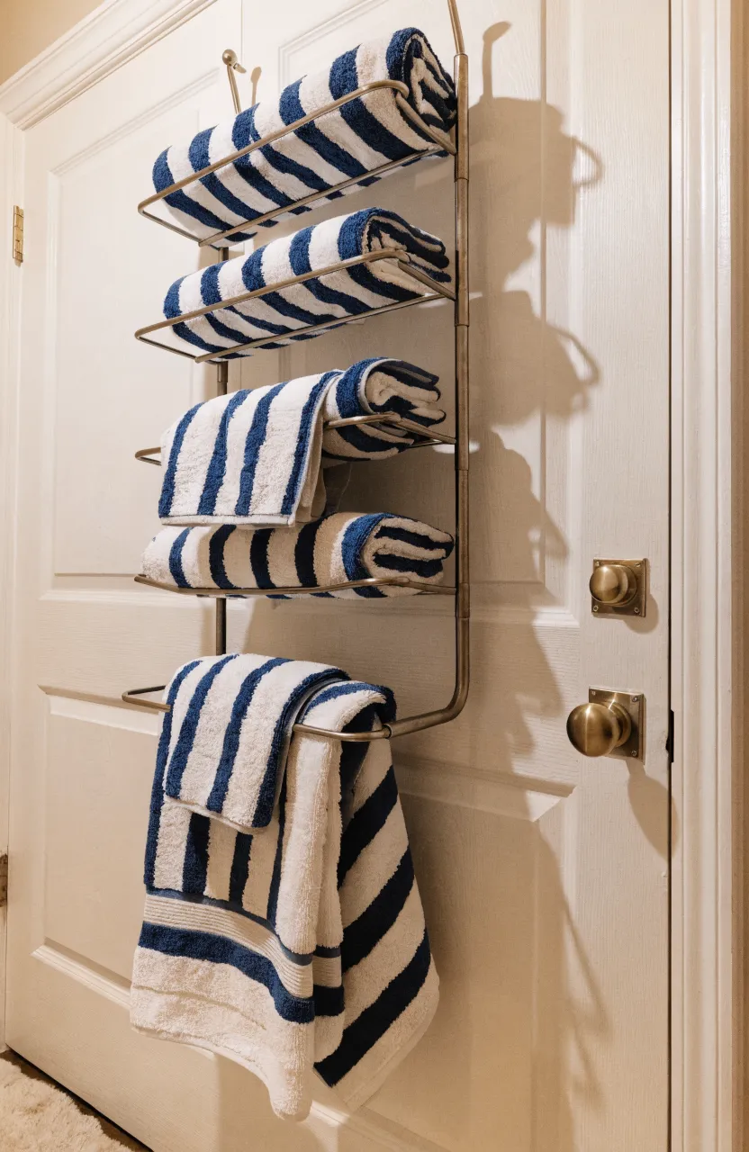 A brushed nickel tiered rack hanging on a white door holding several neatly arranged towels.