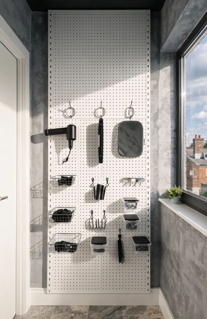 A white pegboard on a grey wall holding a hair dryer, brushes, and small storage baskets.