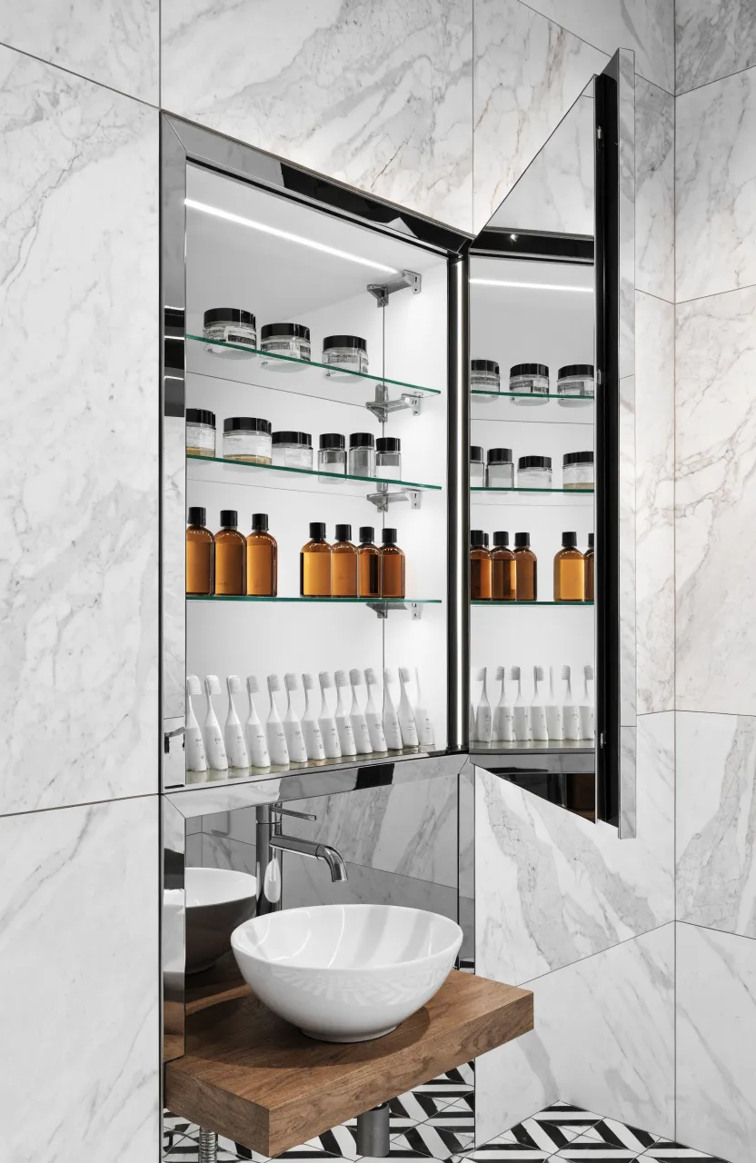An open mirrored medicine cabinet showing organized glass shelves with toiletries above a sink.