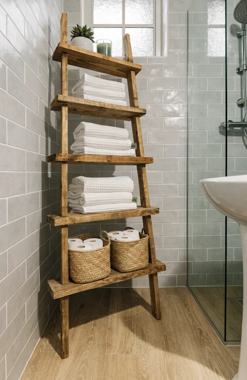 A wooden ladder shelf leaning against a gray tiled wall in a bright, modern small bathroom.