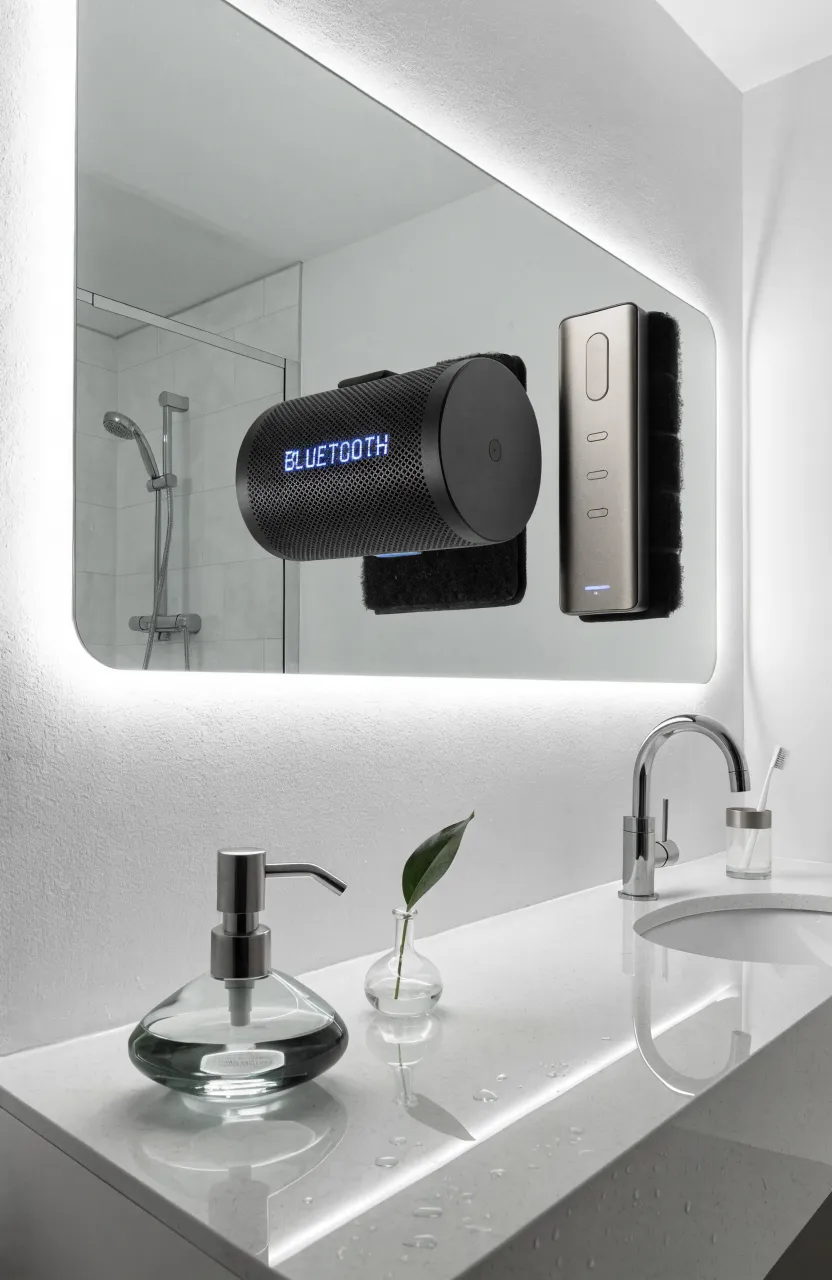 A bathroom wall with a speaker and remote mounted using Velcro strips above a clean white vanity.