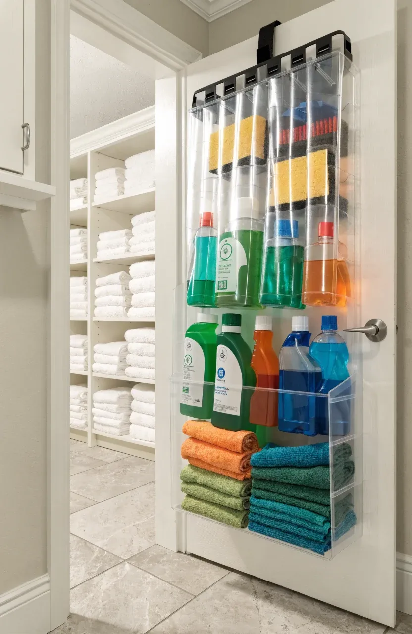A clear pocket organizer hanging on a closet door filled with various cleaning spray bottles.