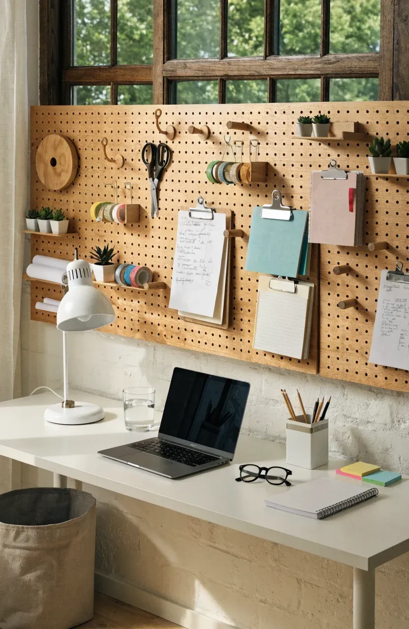 A large wooden pegboard on a wall above a desk holding various craft and office supplies.