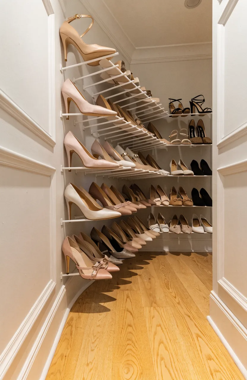 Tension rods installed at the bottom of a closet to create a slanted rack for organizing shoes.