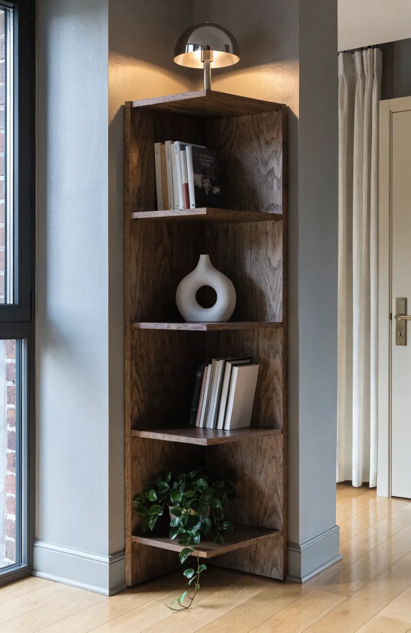 A tall wooden corner shelf unit filled with decor items in the corner of a modern living room.