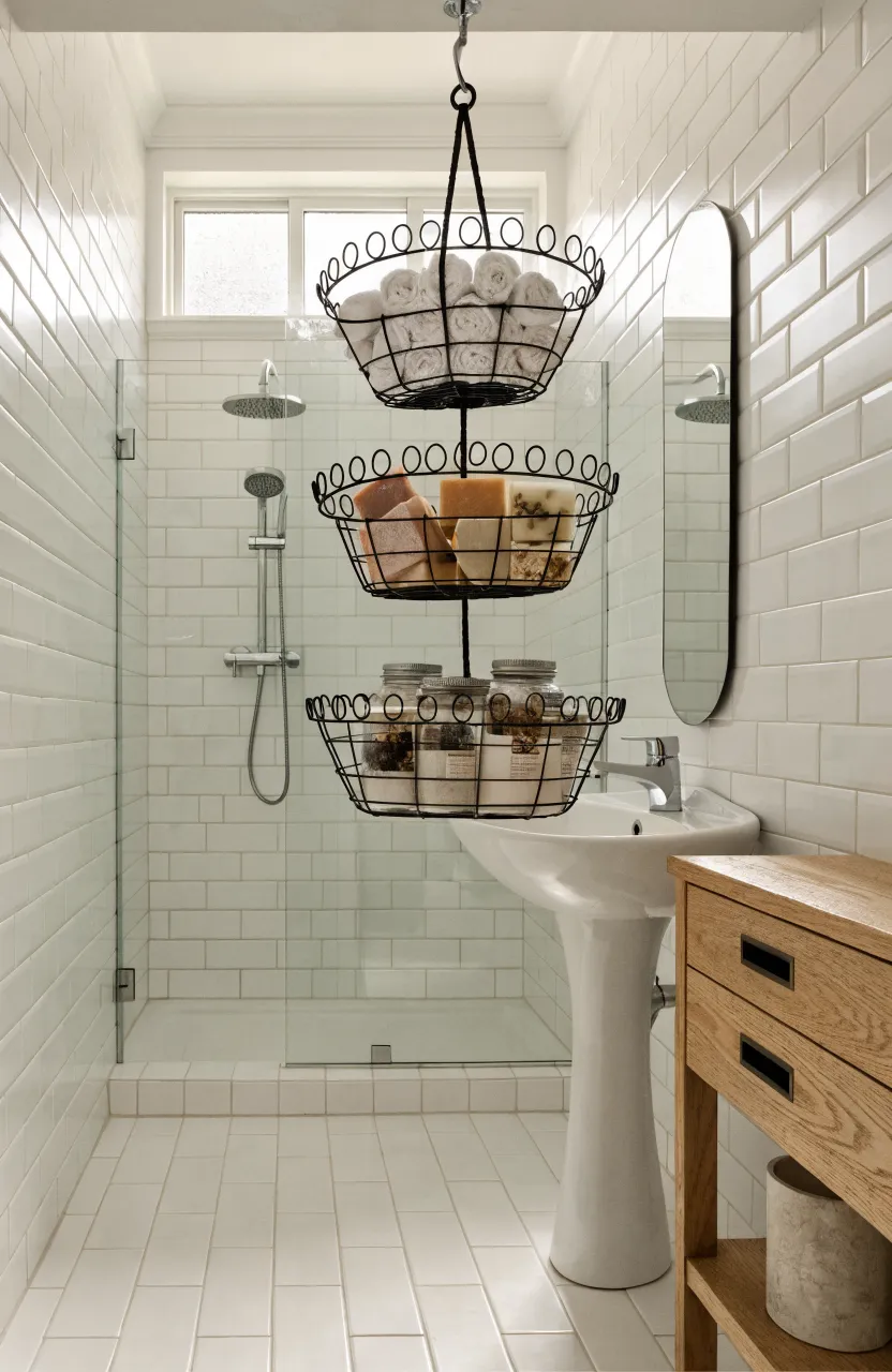 Three-tiered black wire baskets hanging in a bright bathroom holding towels and toiletries.
