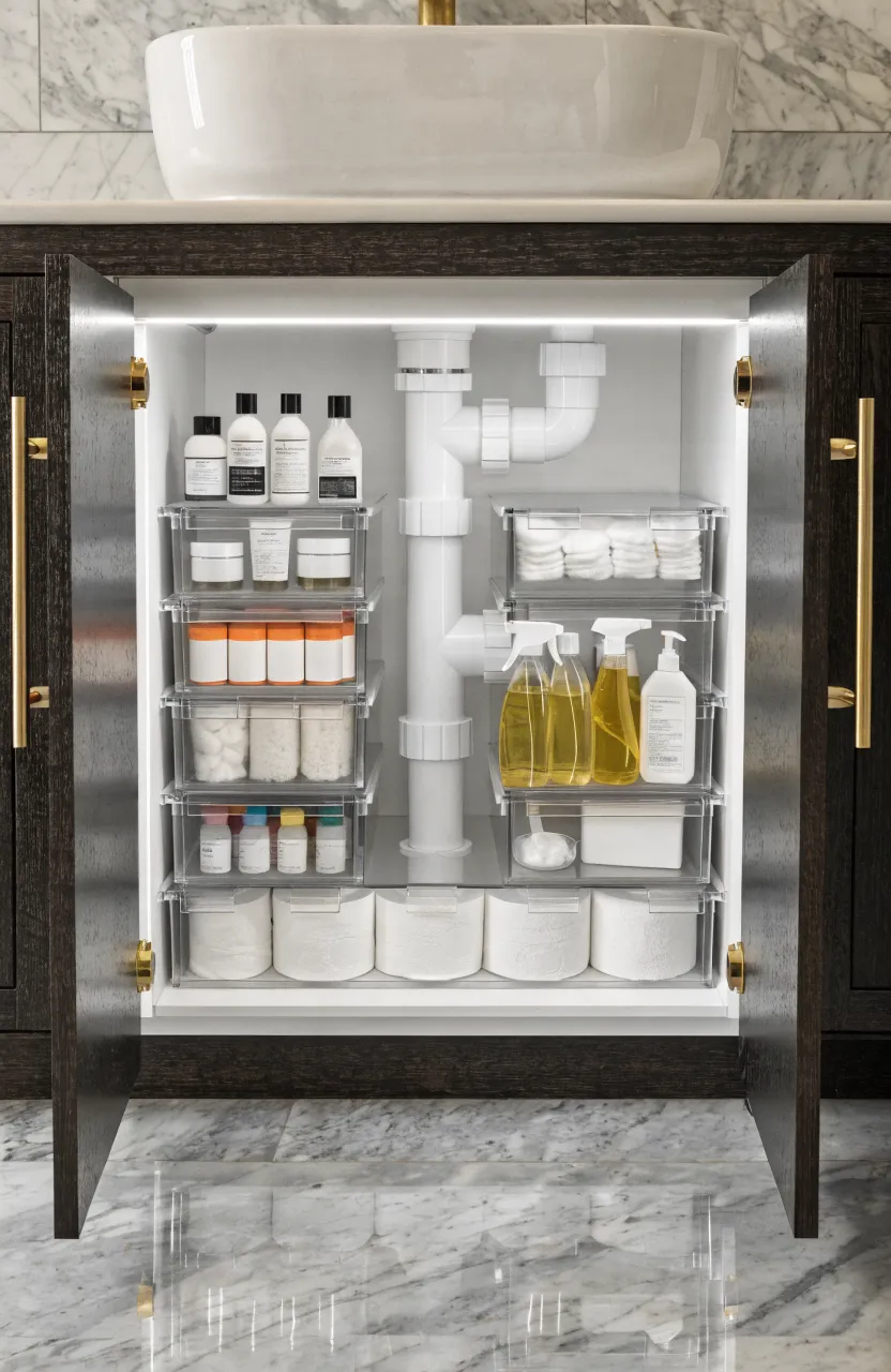 Clear acrylic drawers stacked neatly under a bathroom sink around the plumbing pipes.