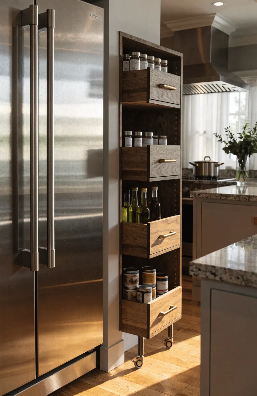 A narrow wooden rolling cart filled with spices sliding into the gap next to a refrigerator.