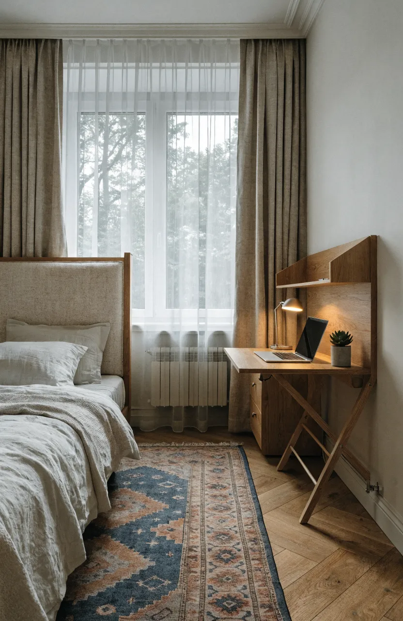A wooden desk folded down from a bedroom wall equipped with a laptop and lamp.
