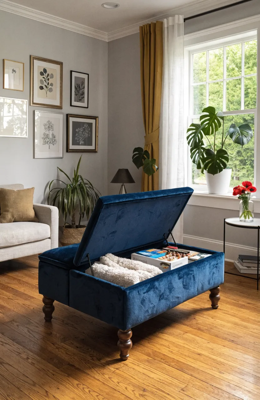 A navy blue velvet ottoman with an open lid showing stored blankets inside a living room.