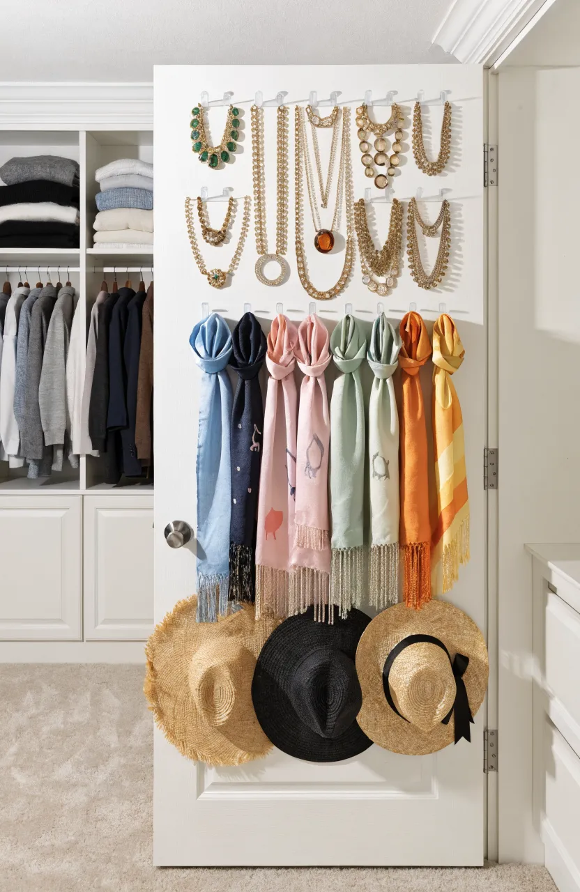 Necklaces and hats hanging neatly on small hooks on the inside of a white closet door.
