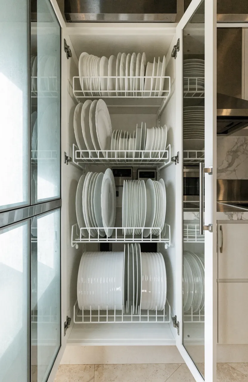 White metal tiered racks inside a cabinet holding different sizes of ceramic plates.