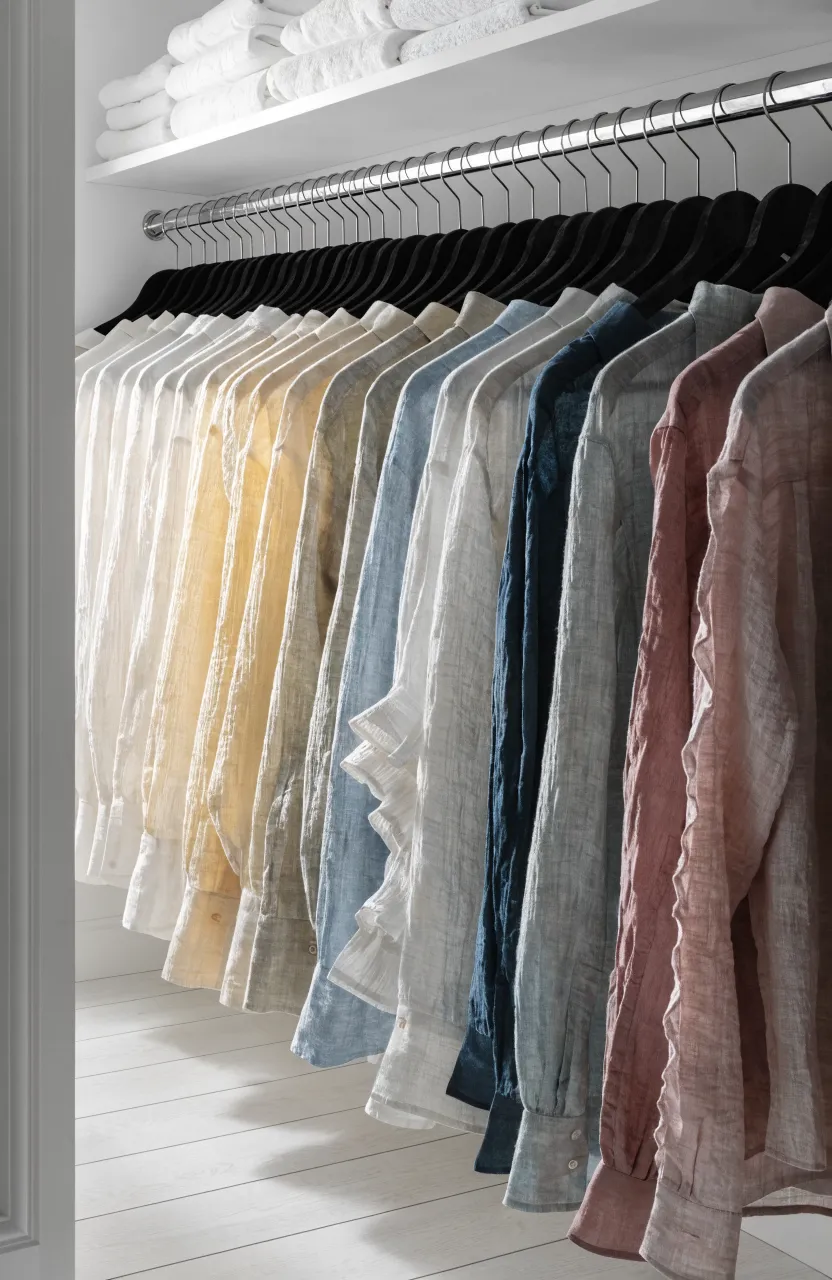 A neatly organized closet with identical black velvet slimline hangers maximizing hanging space.