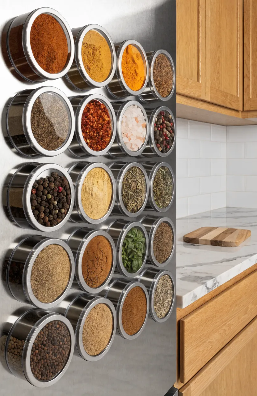 Sleek magnetic spice tins arranged in a neat grid on the side of a stainless steel refrigerator.